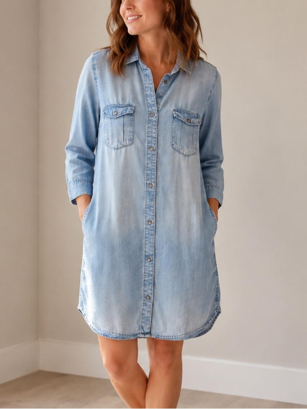 H&M &Denim Lyocell Chambray Button Front Shirt Dress US 8